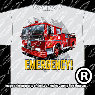 Red fire truck (E51) graphic on a gray t-shirt with 'EMERGENCY!' text, Los Angeles County Fire Museum watermark.