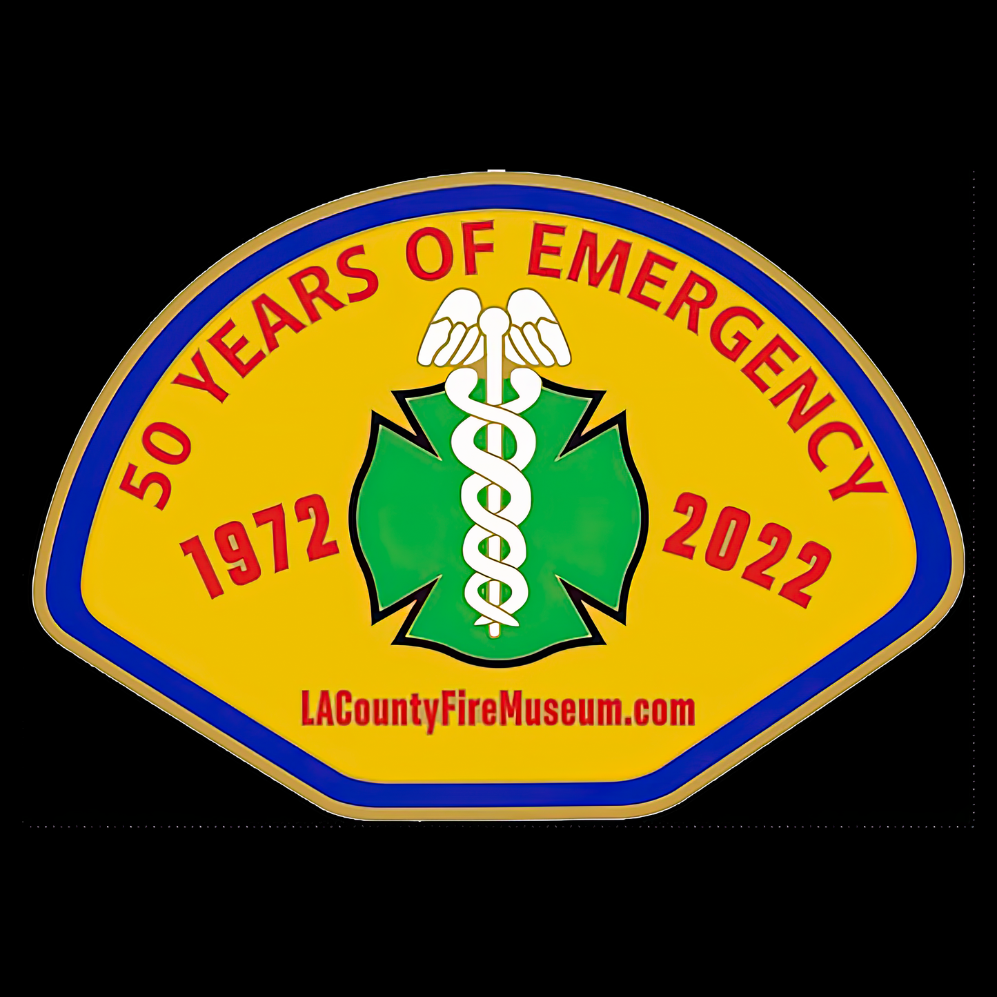 Emblem celebrating 50 years of emergency services from 1972 to 2022, featuring a medical symbol on a yellow background.
