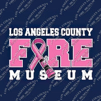 Los Angeles County Fire Museum logo with pink ribbon and flashlight on a blue background.