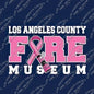 Los Angeles County Fire Museum logo with pink ribbon and flashlight on a blue background.