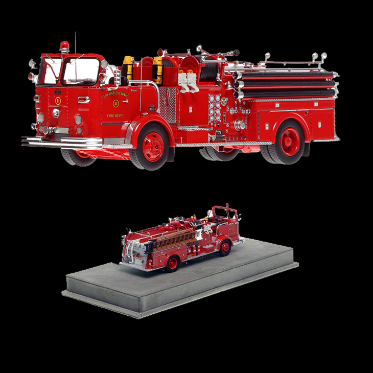 Red fire truck model on a black background