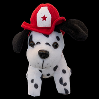 Plush toy of a Dalmatian dog wearing a red fireman's hat with a white star on a black background