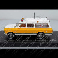 Model of a 1969 Chevrolet Ambulance on a display stand with visible branding.