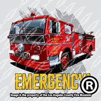 Red fire truck with 'Emergency' text and Los Angeles County Fire Museum logo on a gray background