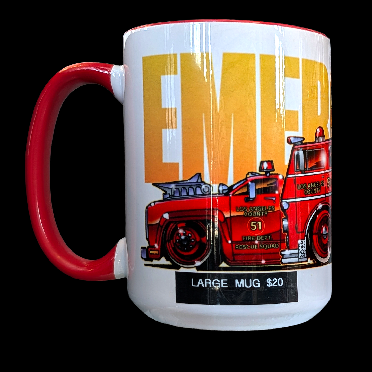 Mug with a red fire truck design and 'EMERGENCY' text on a white background