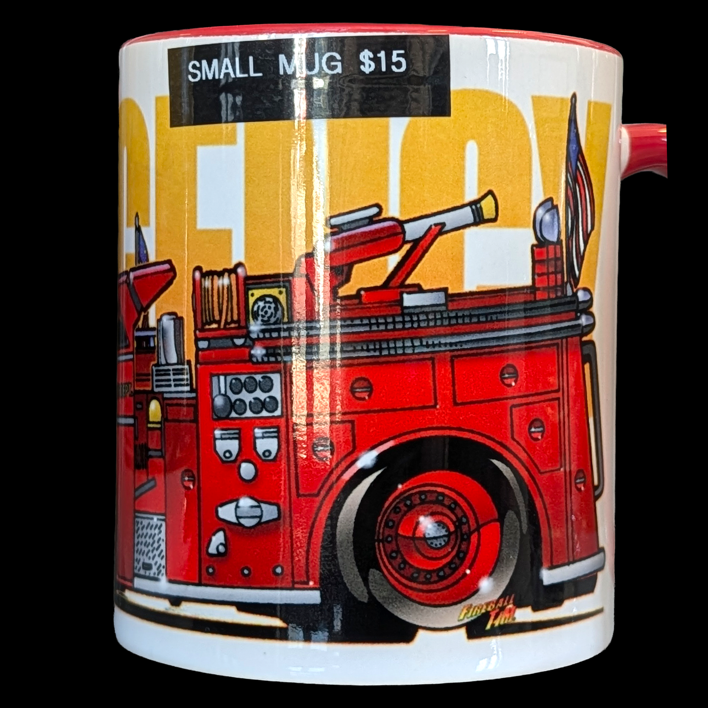 Mug with a red fire truck design on a white background