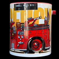 Mug with a red fire truck design on a white background