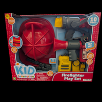 Firefighter play set packaging with helmet, nozzle, and tools on a red background