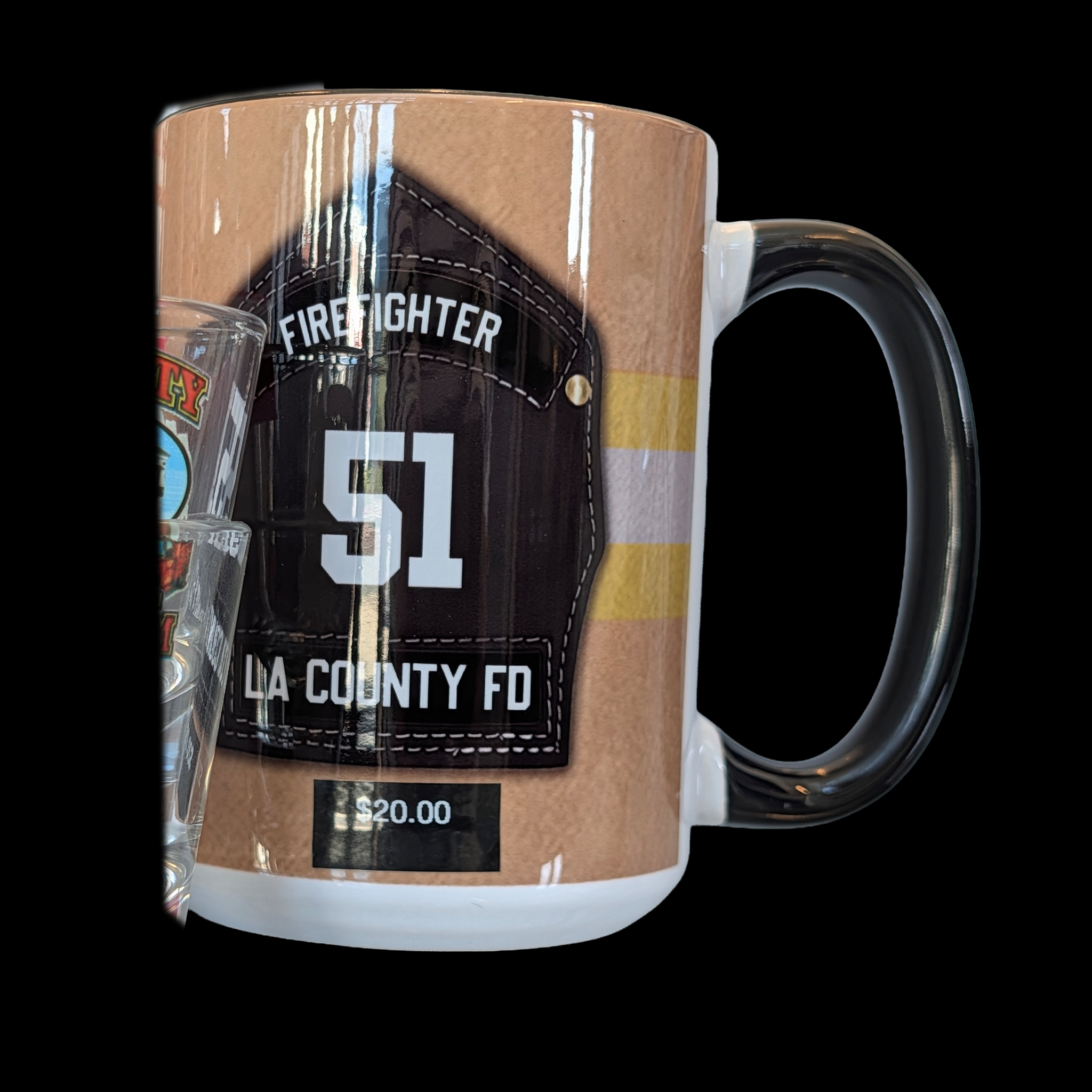 Mug with firefighter patch design on a brown background