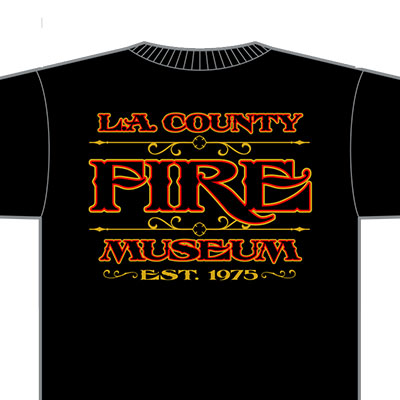Black t-shirt with 'L.A. County Fire Museum Est. 1975' text in orange and white.