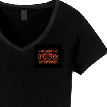 Black V-neck t-shirt with 'L.A. County Fire Museum' logo on a white background