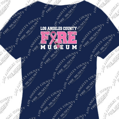 Navy blue t-shirt with 'Los Angeles County Fire Museum' text and pink breast cancer awareness ribbon design.
