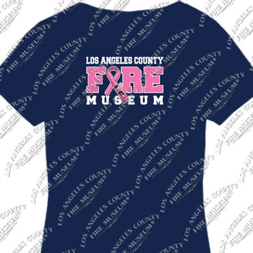 Navy blue t-shirt with 'Los Angeles County Fire Museum' text and pink breast cancer awareness ribbon design.