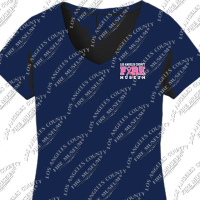 Navy blue t-shirt with Los Angeles County Fire Museum logo on a white background